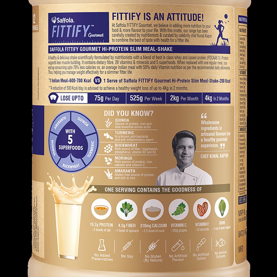 Saffola FITTIFY Gourmet French Vanilla Hi-Protein Slim Meal-Shake - No Added Sugar