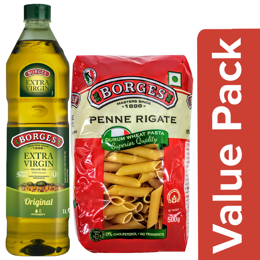 BORGES Extra Virgin Olive Oil 1L Pet Bottle + Durum Wheat Pasta Penne Rigate 500g Pouch