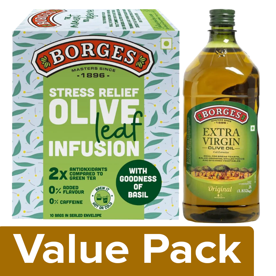 BORGES Extra Virgin Olive Oil 2L + Olive Leaf Infusion - Olive & Basil Leaves 15 g