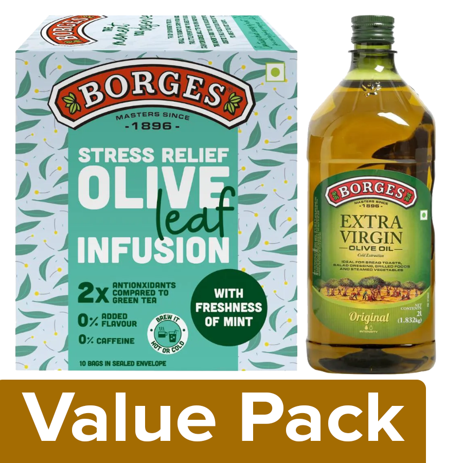 BORGES Extra Virgin Olive Oil 2L + Olive Leaf Infusion - Olive & Mint Leaves 15 g