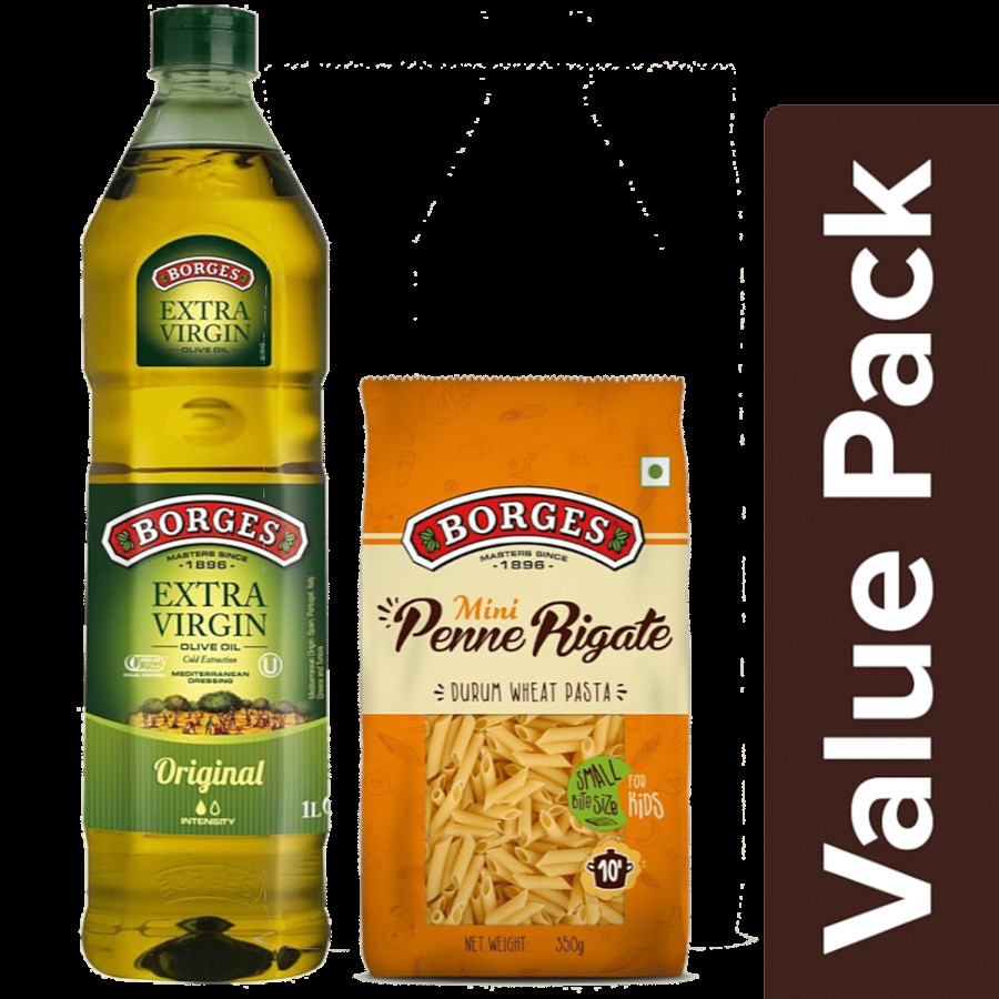 BORGES Original Extra Virgin Olive Oil 1 L + Durum Wheat Pasta -Mini Penne Rigate 350 g