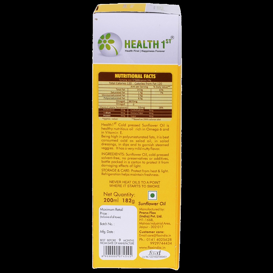 Health 1st Sunflower Oil - Cold Pressed