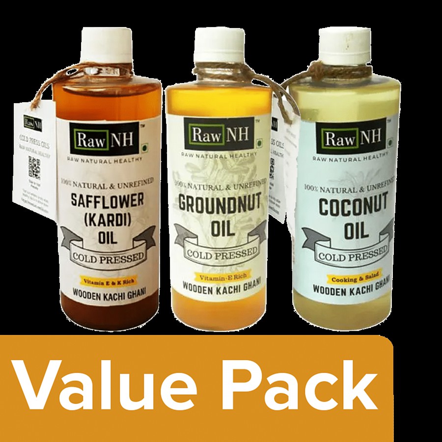 RawNH Cold Pressed Safflower Oil + Coconut Oil + Groundnut Oil (Each 500 ml)