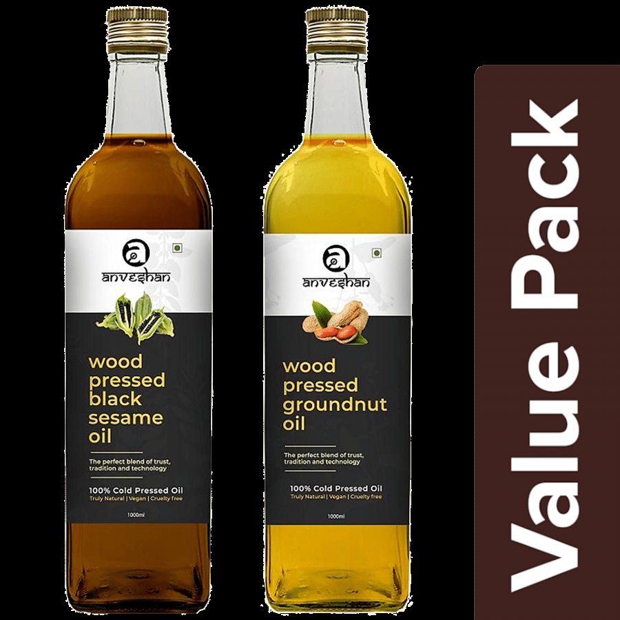 Anveshan Combo Of Wood Pressed Black Sesame/Gingelly & Groundnut Peanut Cooking Oil - 1 L Each