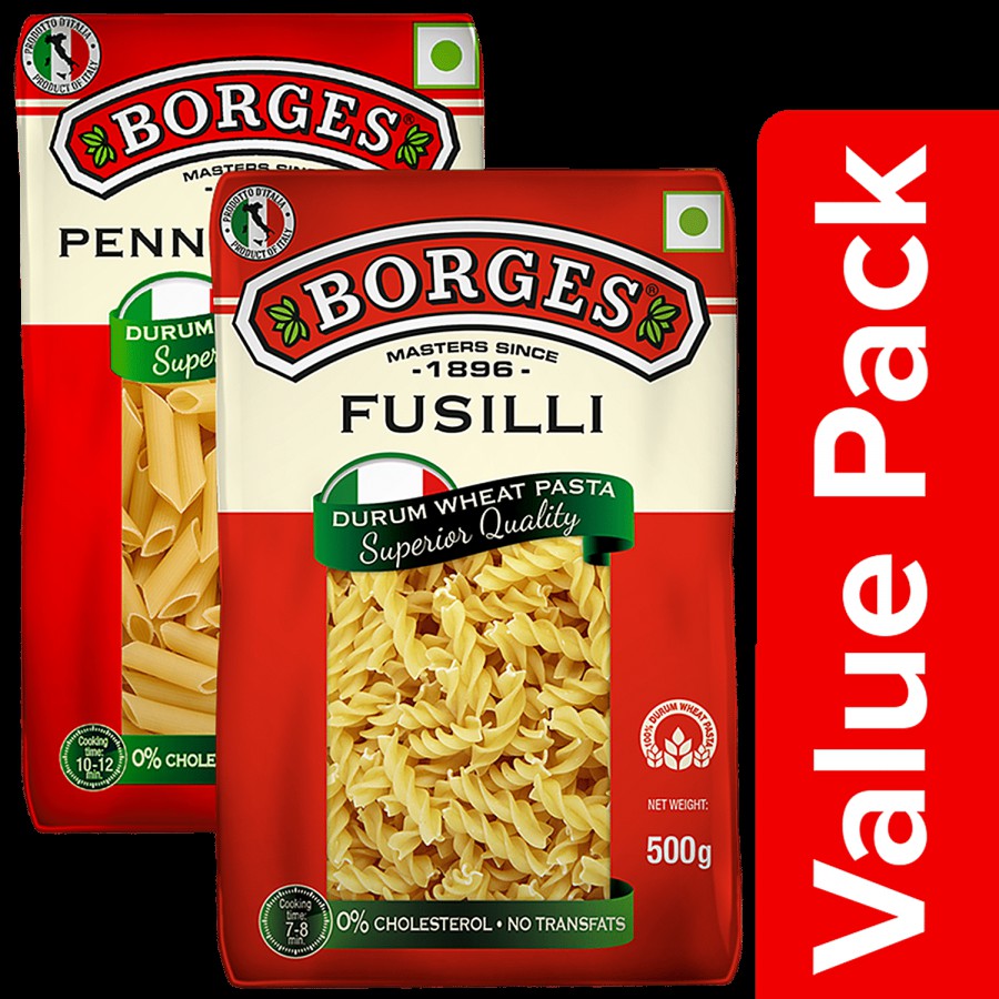 BORGES Durum Wheat Pasta - Fusilli 500 g + Durum Wheat Pasta - Penne Rigate 500 g