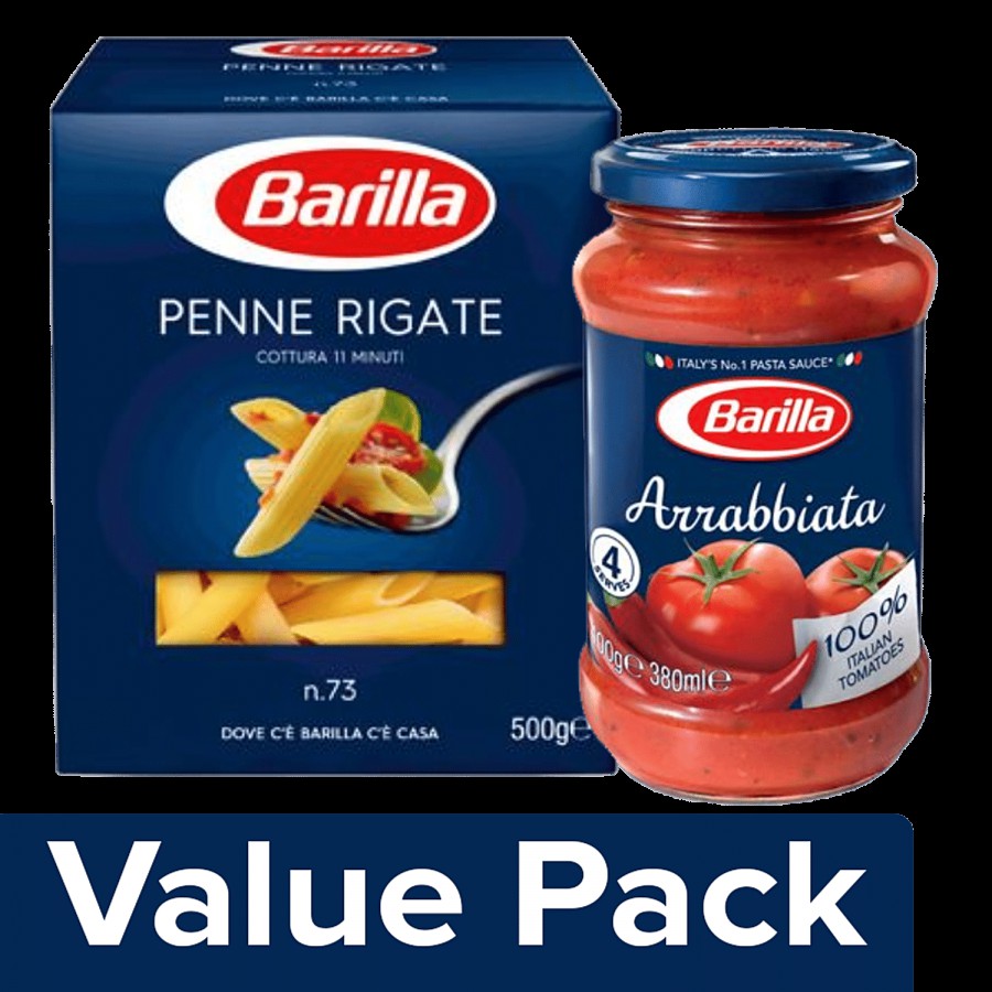 Barilla Durum Wheat Pasta- Penne Rigate 500 g Carton + Pasta Sauce- Arrabbiata 400 g Jar