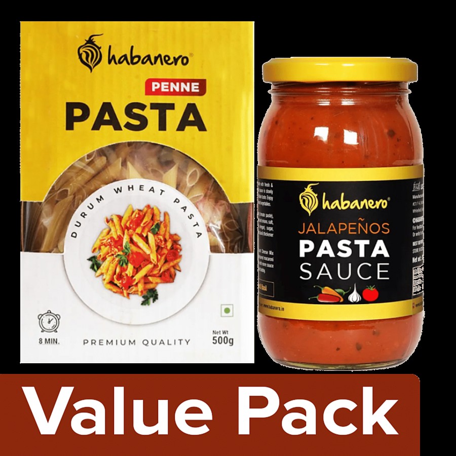 Habanero Penne Pasta - Premium Durum Wheat 500 g + Jalapeno Pasta Sauce 385 g