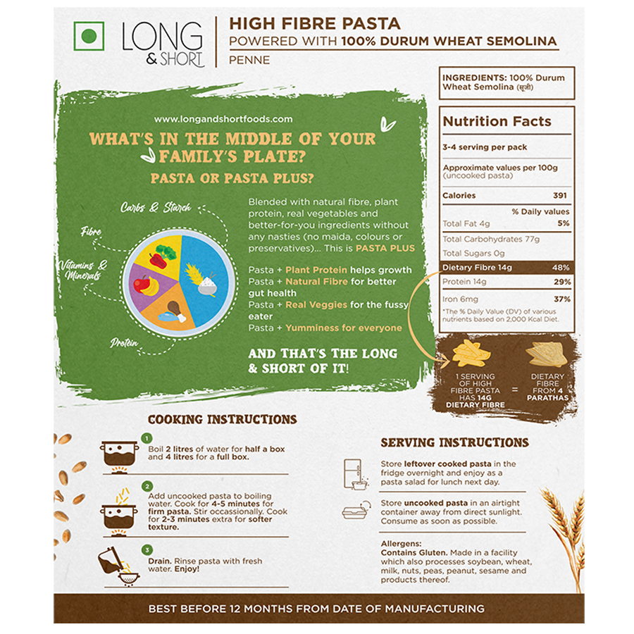 Long&Short Whole Wheat Penne Pasta - High Fiber