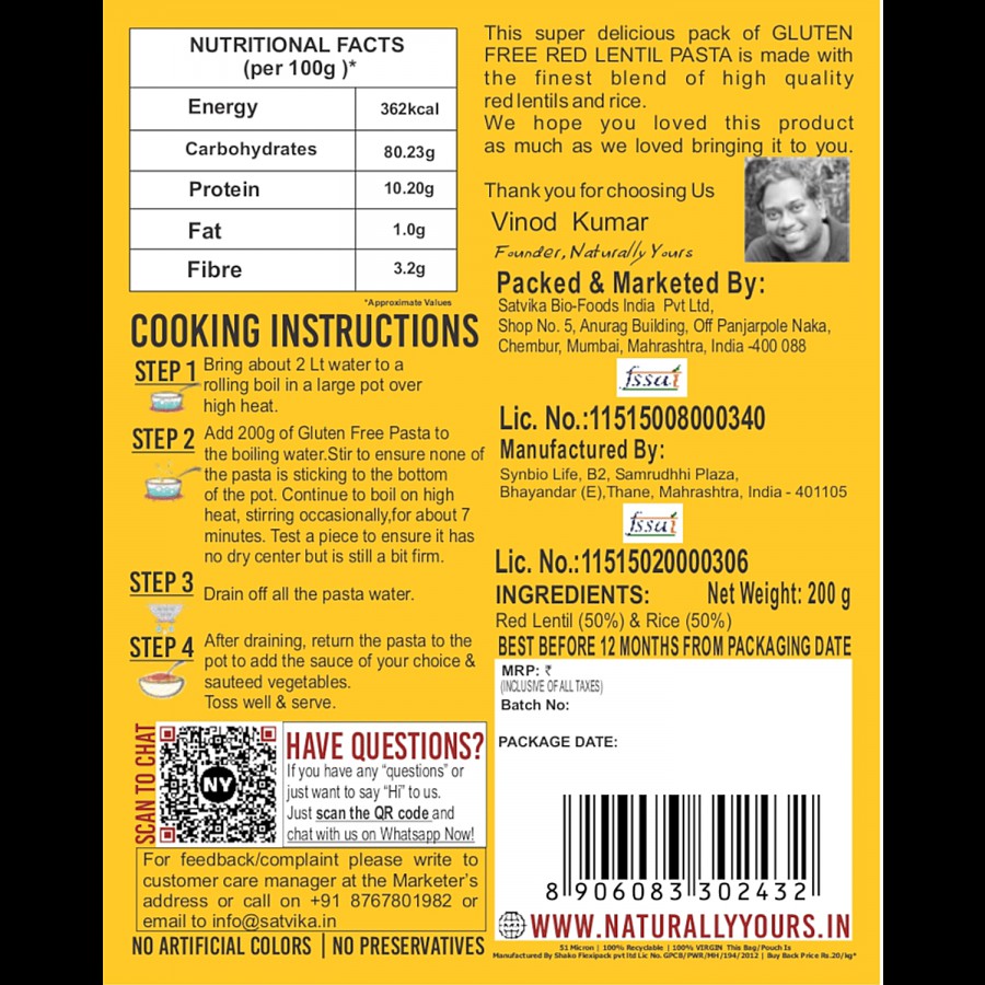 Naturally Yours Gluten Free Red Lentil Pasta - 10g Protein