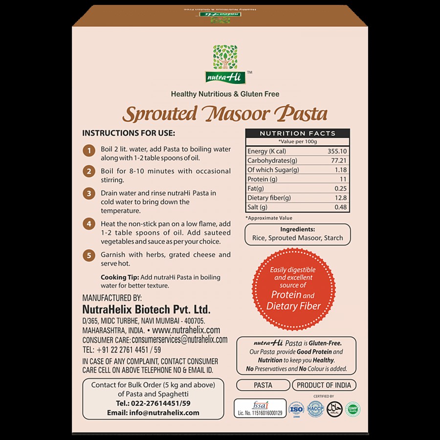 NutraHi Sprouted Masoor Pasta - Source Of Protein