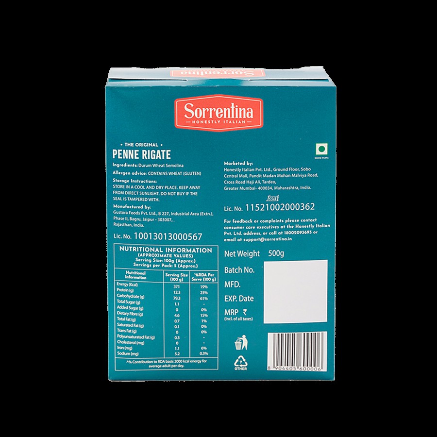 Sorrentina Penne Rigate - 100% Durum Wheat