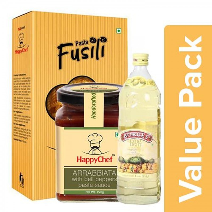 bb Combo Happy Chef Pasta- Fusilli 500g + Sauce - Arrabiata 270g + Borges Olive Oil 1L