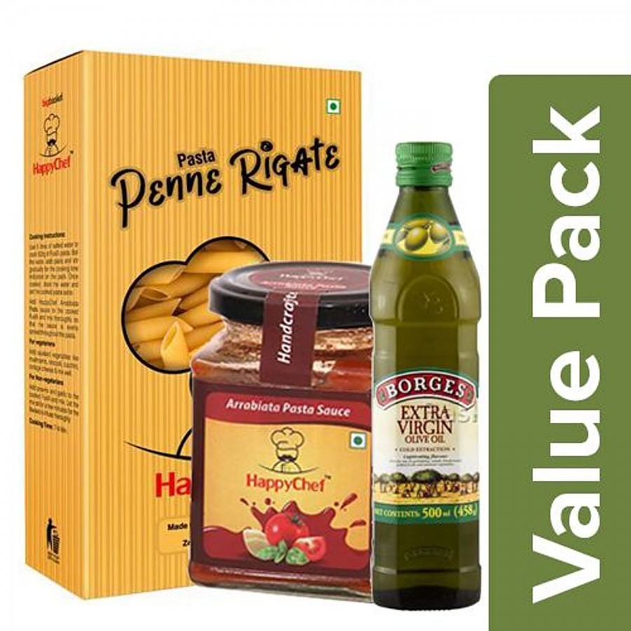 bb Combo Happy Chef Pasta- Penne Rigate 500g +Sauce - Arrabiata 270g +Borges Olive Oil 1L