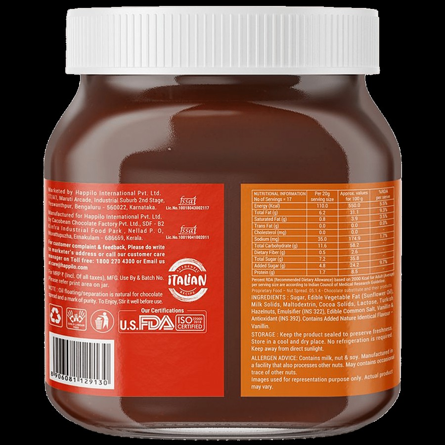 Happilo Hazelnut Chocolate Spread - Protein-Rich