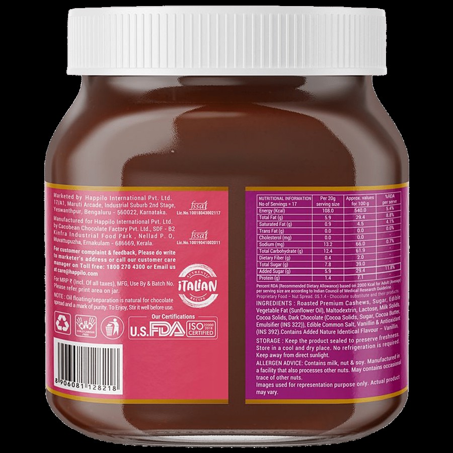 Happilo Premium Cashew Chocolate Spread - Protein-Rich