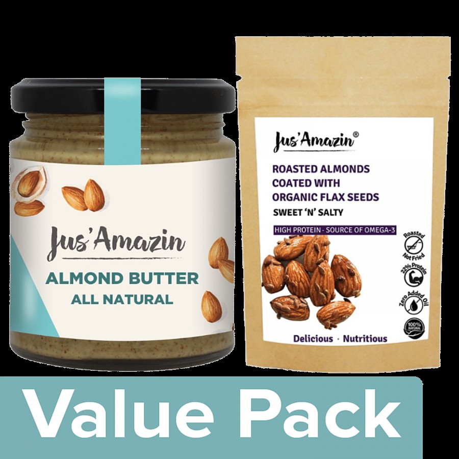 Jus Amazin Almond Butter All Natural 200g +Roasted Almonds Coated Organic Flax Seeds 19g