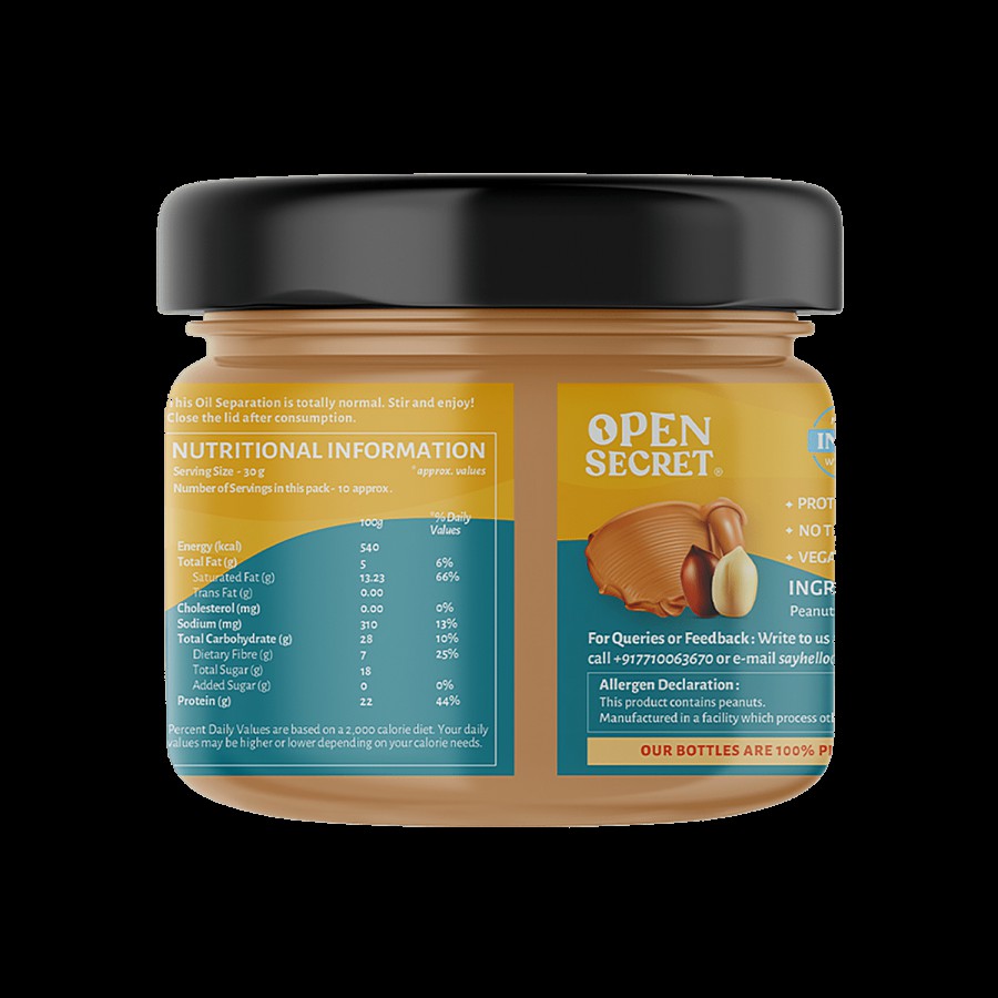 Open Secret Nutty Spread Crunchy Peanut Butter - With Jaggery. No Added Oil