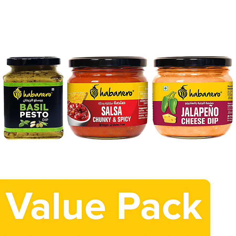 Habanero Spicy Salsa Dip 270 g + Jalapeno Cheese Dip 300 g + Basil Pesto Dip 200 g