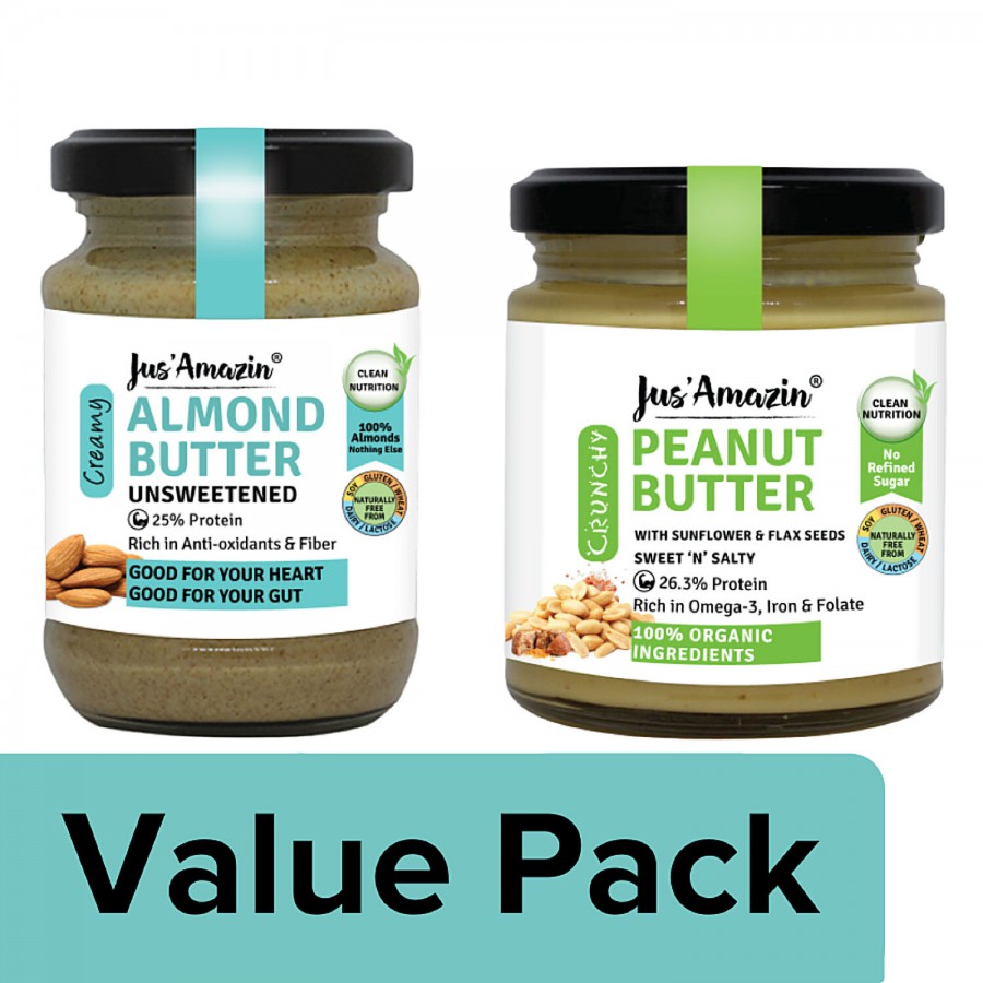 Jus Amazin Almond Butter- All Natural 125G+Peanut Butter-Sweet N Salty with Crunch 200G Jar