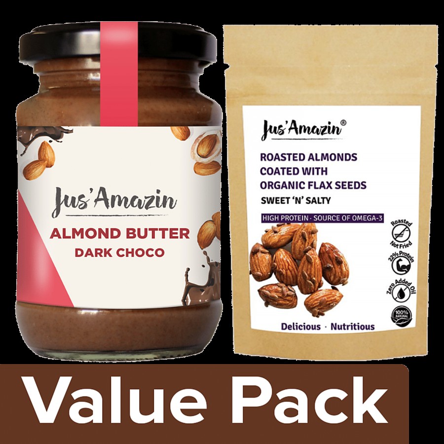 Jus Amazin Almond Butter Dark Chocolate 125g+Roasted Almonds Coated Organic Flax Seeds 19g