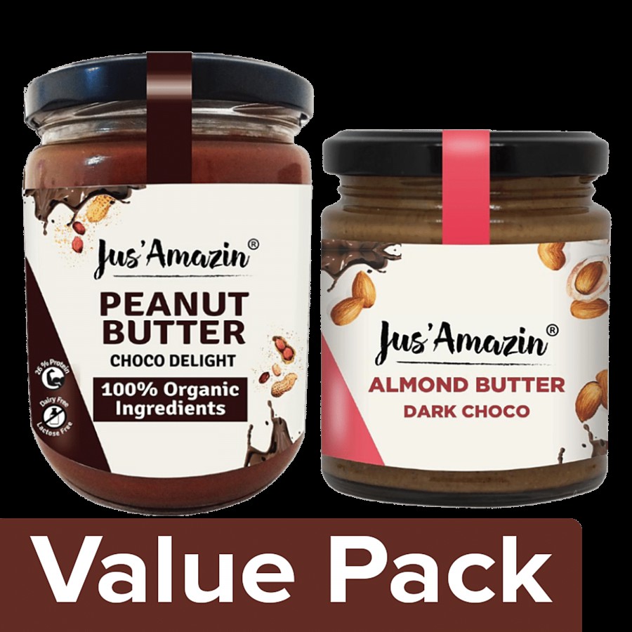 Jus Amazin Almond Butter Dark Chocolate 200 g + Organic Peanut Butter Choco Delight 500 g