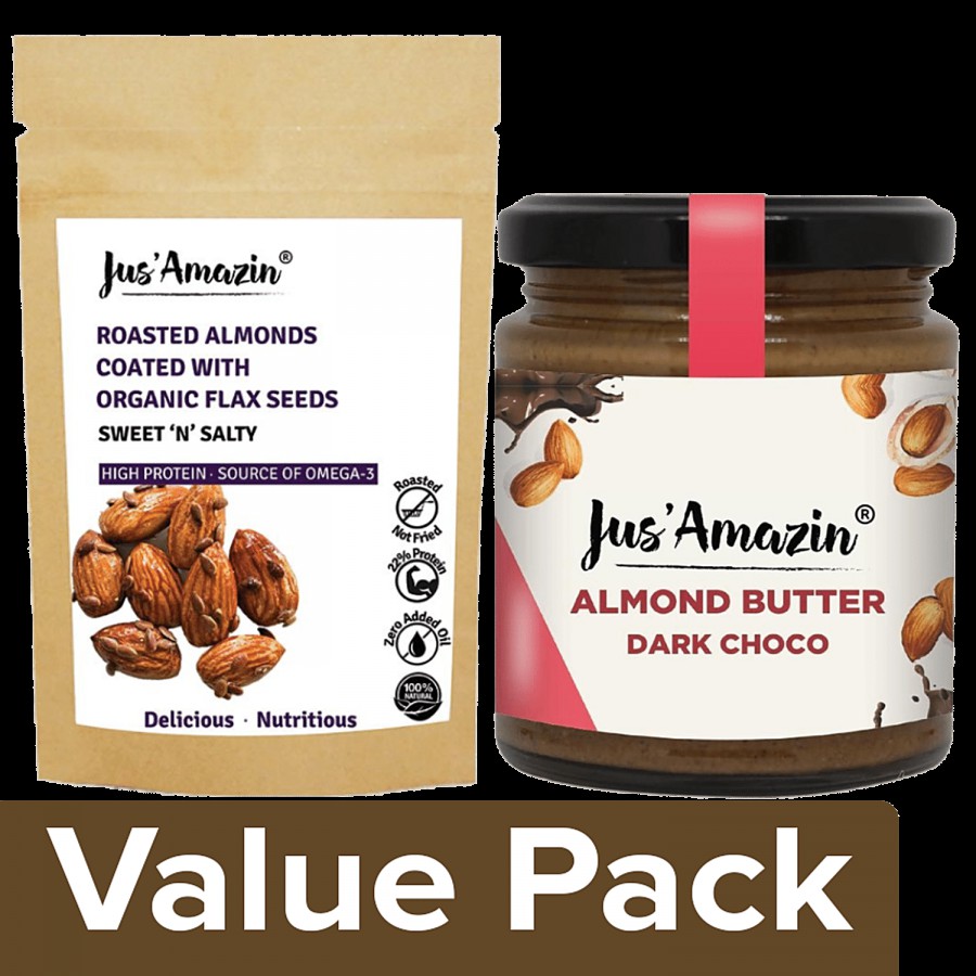 Jus Amazin Almond Butter Dark Chocolate 200g+Roasted Almonds Coated Organic Flax Seeds 19 g