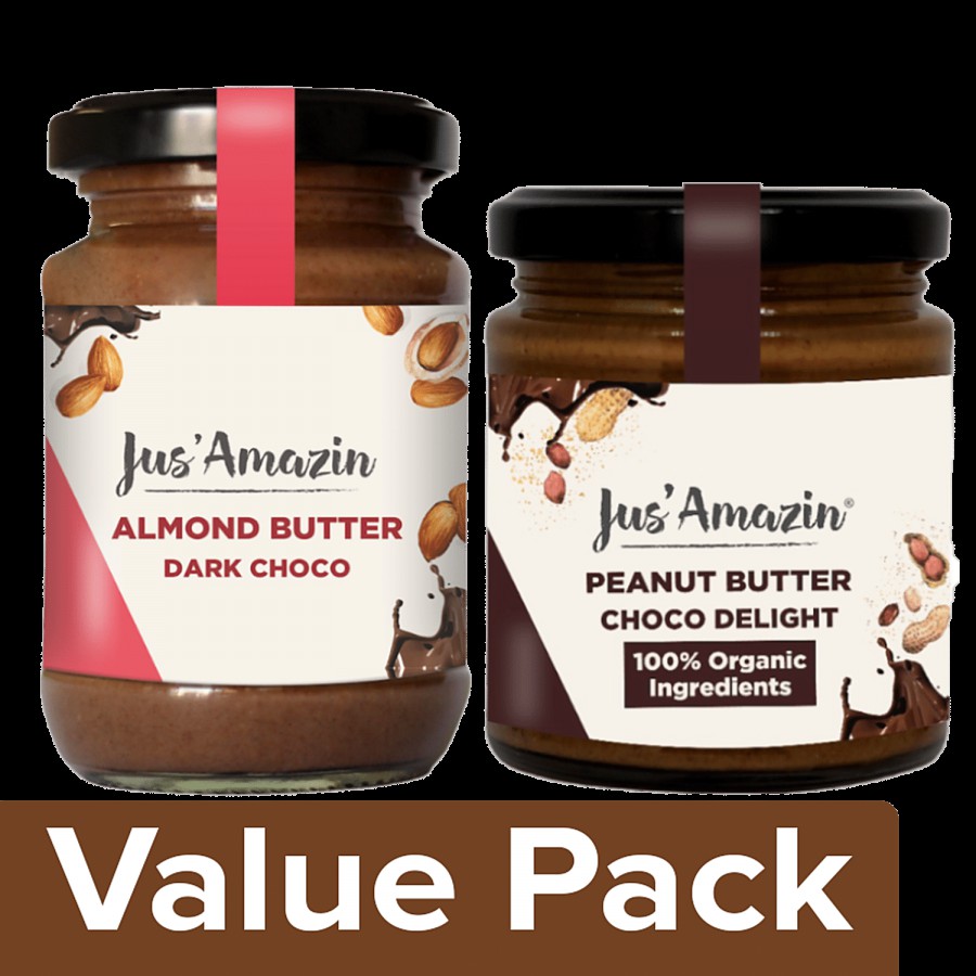 Jus Amazin Almond Butter Dark Chocolate Vegan 125g+Organic Peanut Butter Choco Delight 200g