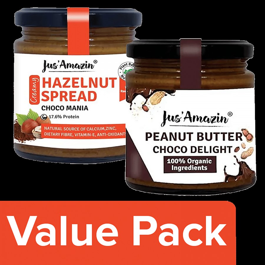 Jus Amazin Creamy Hazelnut Spread 200 g + Organic Peanut Butter - Choco Delight 200 g