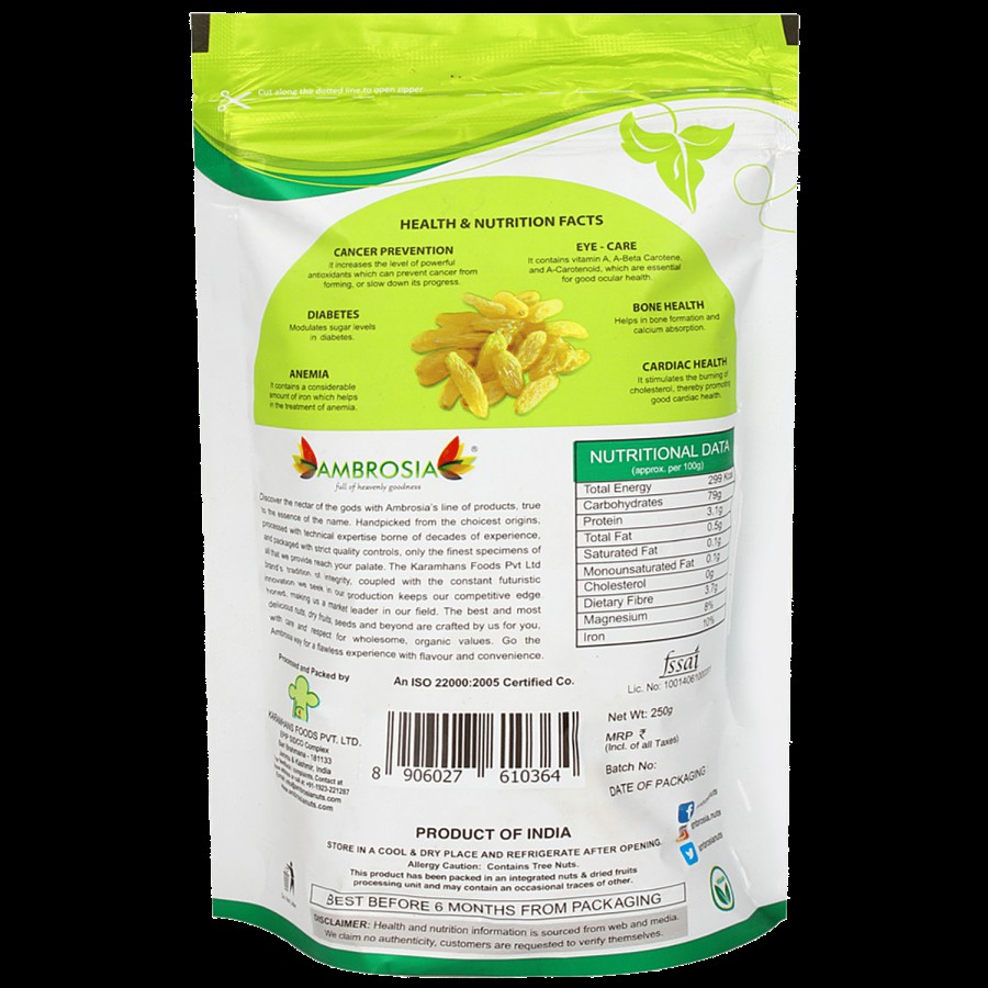 Ambrosia Premium Indian Green Raisins - Rich In Fibre & Minerals