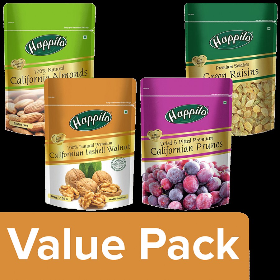 Happilo Almonds 200G + Green Raisins Seedless 250G + Prunes 200G + Walnuts Inshell 200G