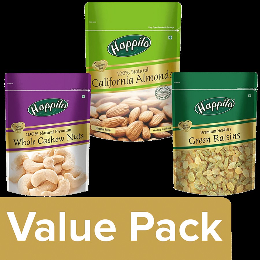 Happilo Almonds + Cashews Whole (100% Natural 200G) + Green Raisins Seedless 250G