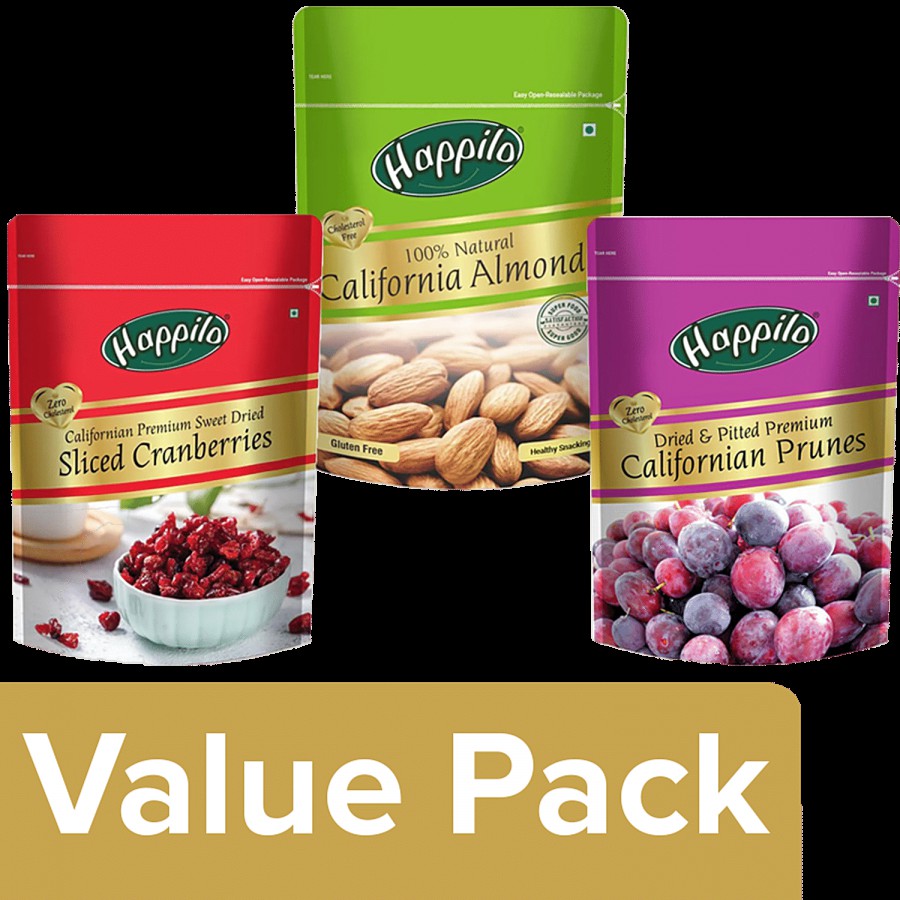 Happilo Premium Californian  - Almonds 200G + Prunes 200G + Cranberries 200G