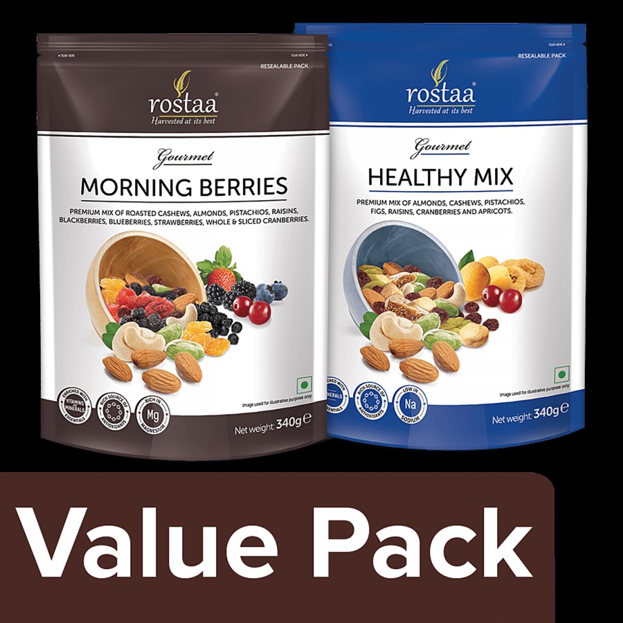 Rostaa Berries - Morning 340 g Pouch + Mixed Dry Fruits - Being Healthy 340 g Pouch