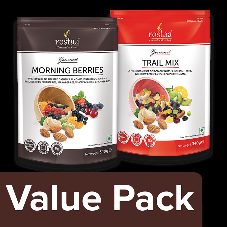 Rostaa Berries - Morning 340 g Pouch + Mixed Dry Fruits - Trail Mix 340 g Pouch