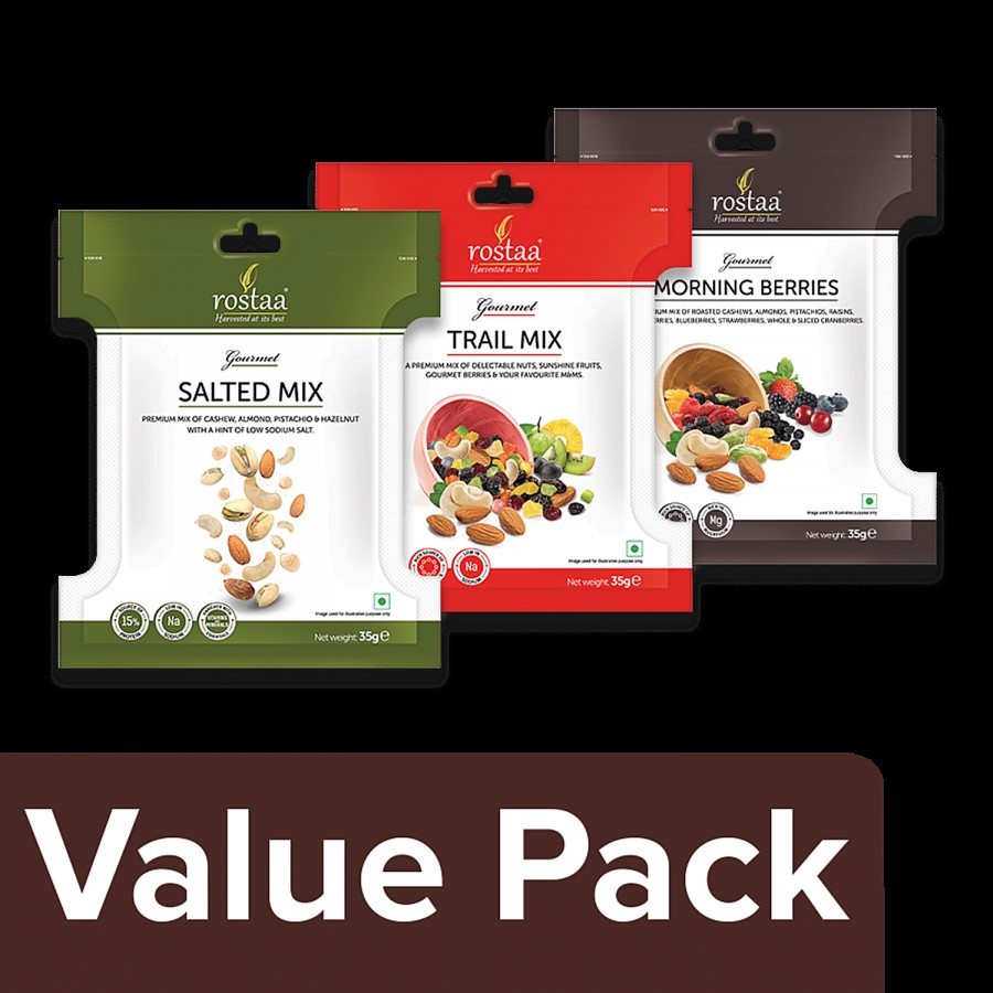 Rostaa Mixed Dry Fruits SaltedMix +Mixed Dry Fruits Trail Mix +Berries Morning(35geach)