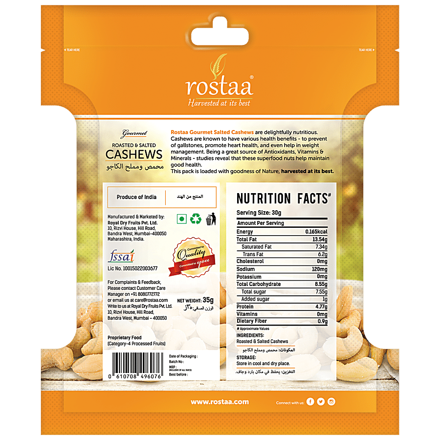 Rostaa Roasted Salted Cashews - No Cholesterol