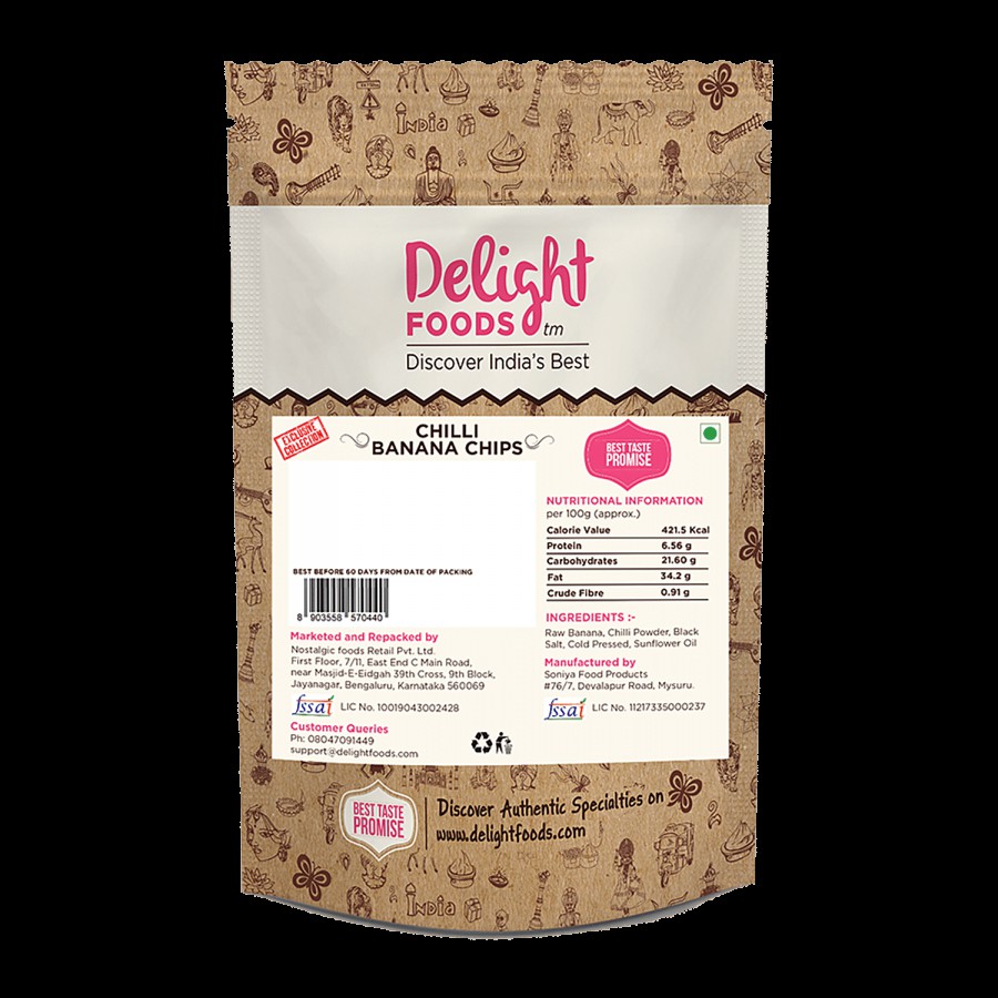 Delight Foods Chilli Banana Chips - Cold Pressed Sunflower Oil Fried