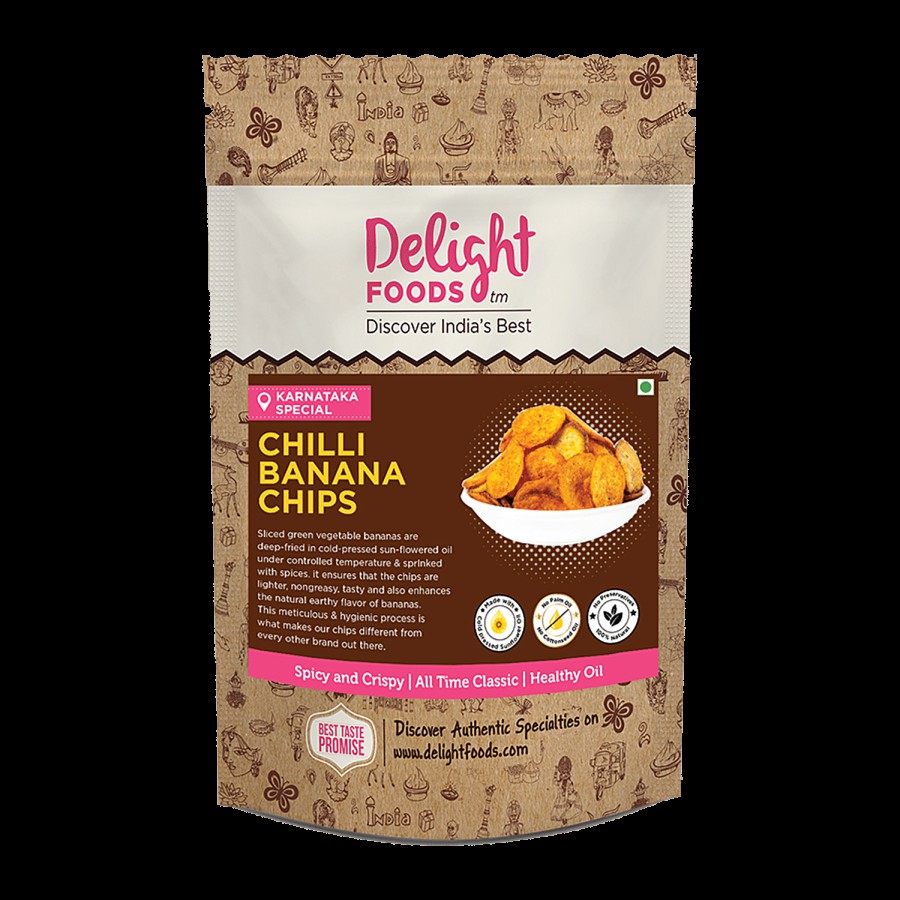 Delight Foods Chilli Banana Chips - Cold Pressed Sunflower Oil Fried