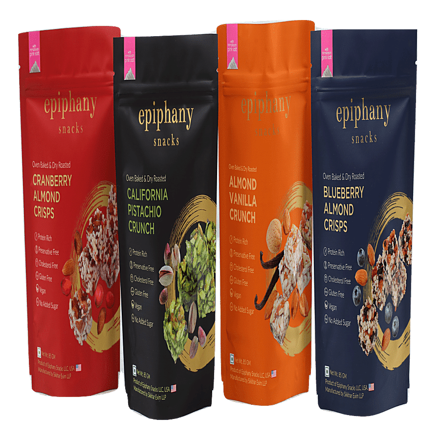 Epiphany Snacks Crisps: Blueberry Almond + Cranberry Almond & Crunch: Almond Vanilla + California Pistachio