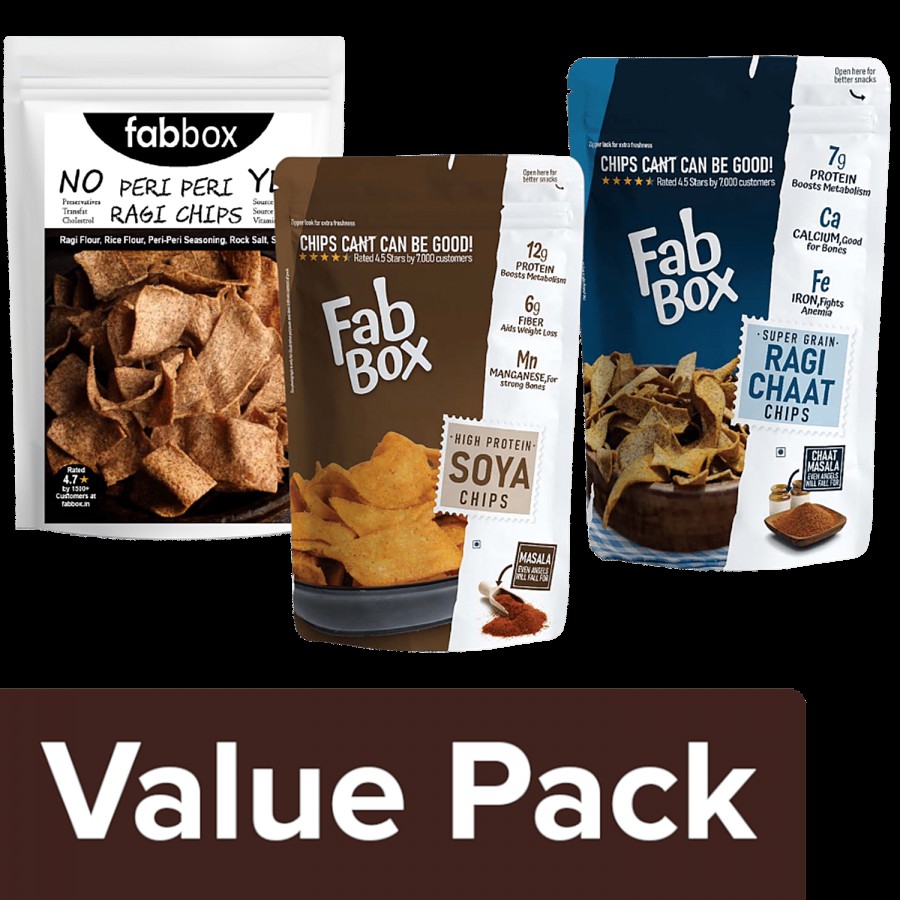 Fabbox Healthy Snack - Ragi Chips 78 g + Masala Soya Chips 78 g + Ragi Chaat Chips 78 g