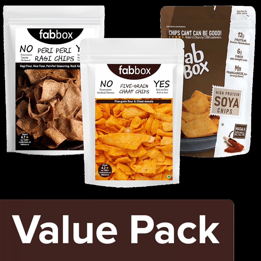 Fabbox Healthy Snack-Ragi Chips 78g + Fivegrain Chaat Chips 78g + Masala Soya Chips 78g