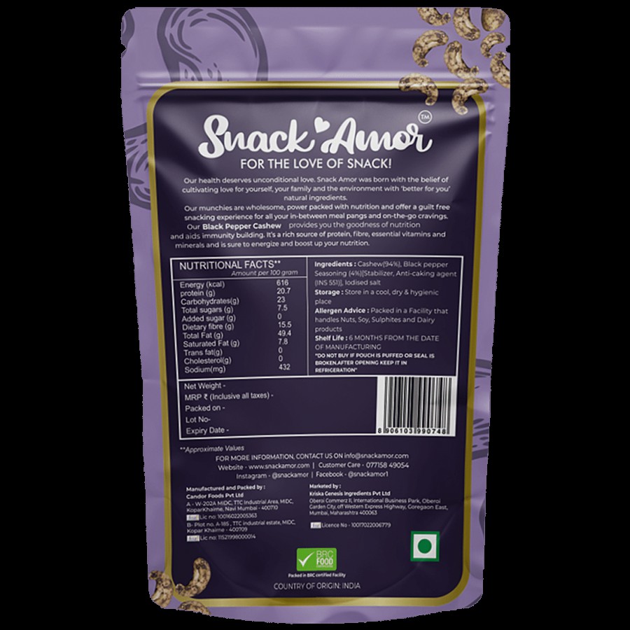 SnackAmor Black Pepper Cashews - Fibre-Rich