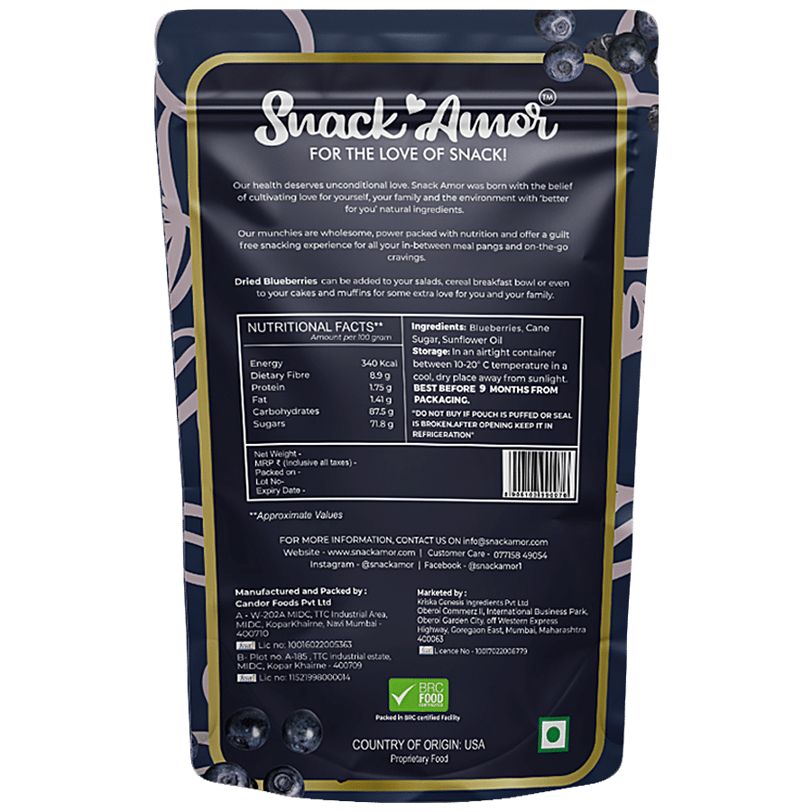 SnackAmor Dried Blueberries - Rich In Fibre & Antioxidants