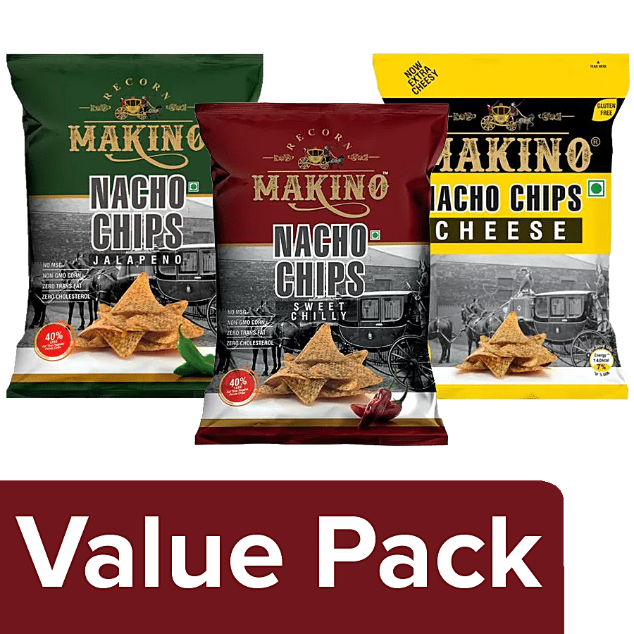 Makino Nacho Chips - Cheese + Jalapeno (100 g each) + Nacho Chips Sweet Chilli 60 g