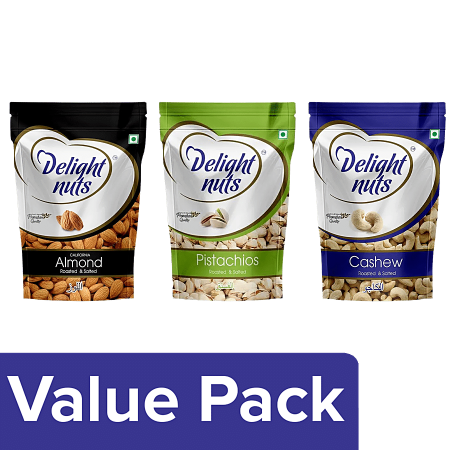 Delight Nuts Premium-Roasted & Salted - Cashews 200 g + Pistachios 200 g + Almond 200 g