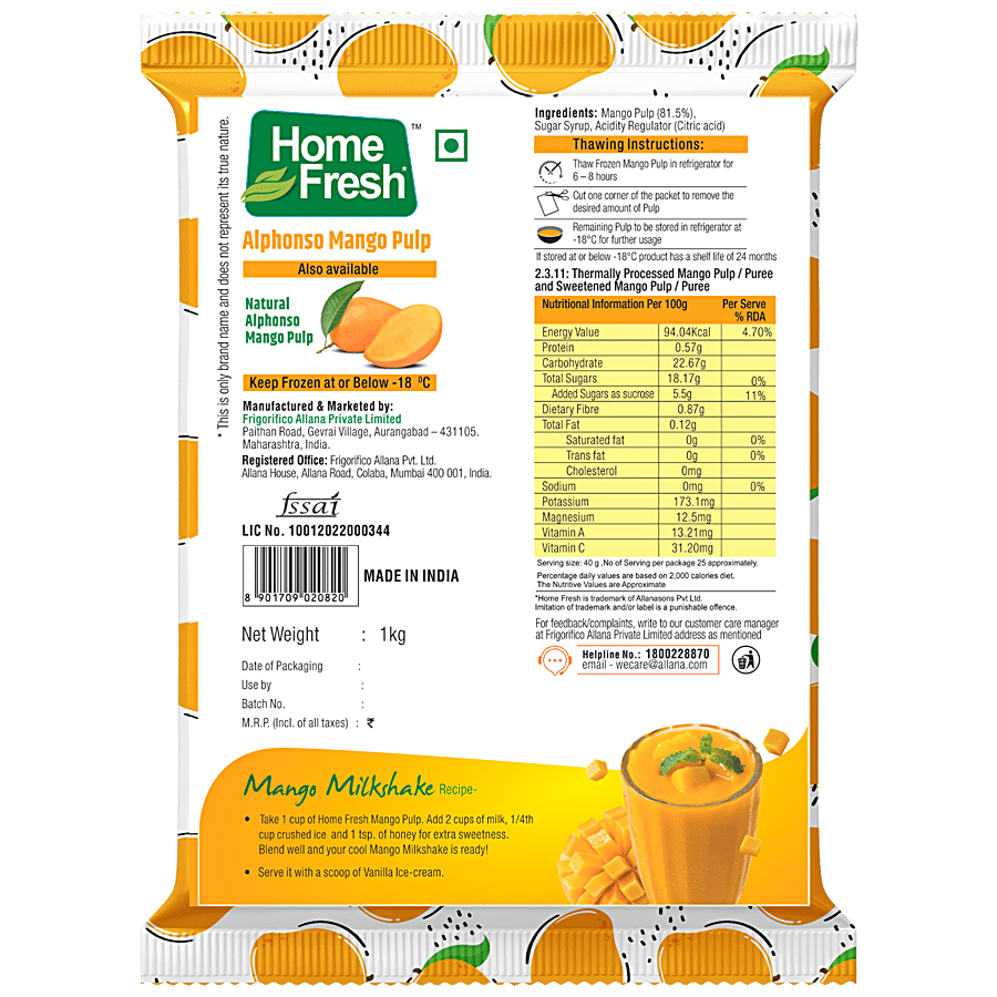 Home Fresh Alphonso Mango Pulp - Natural/ Unsweetened