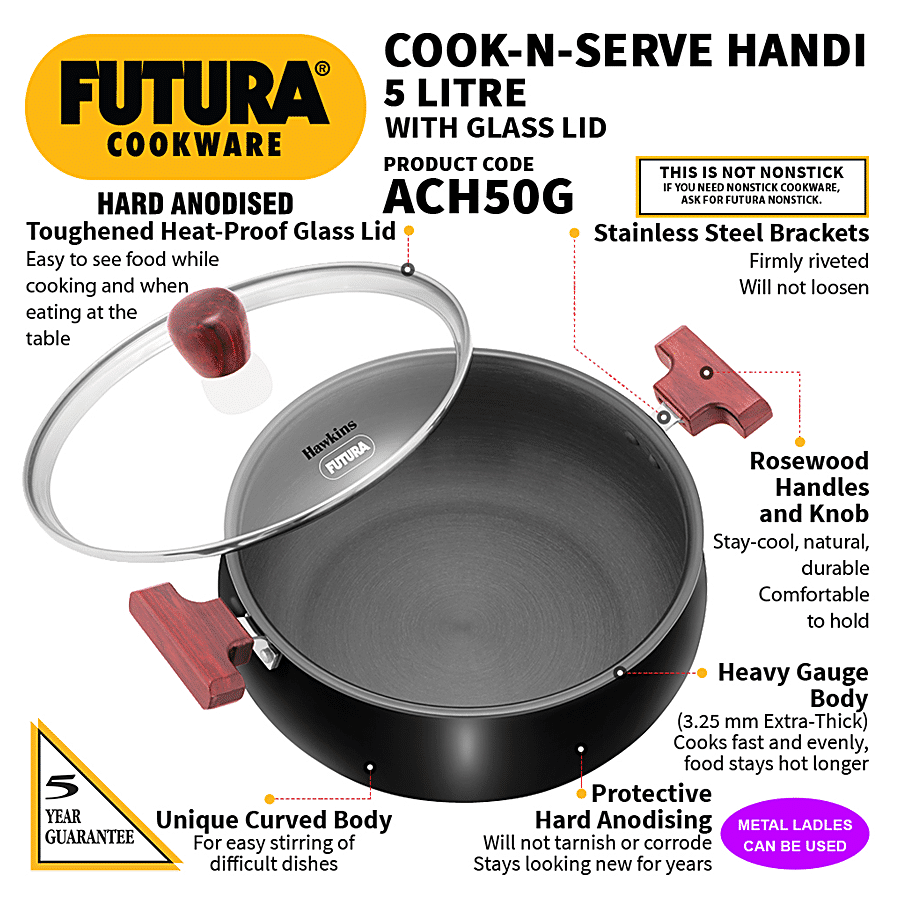 Hawkins Futura Hard Anodised Cook N Serve Kadhai/Handi/Bowl - 27 cm