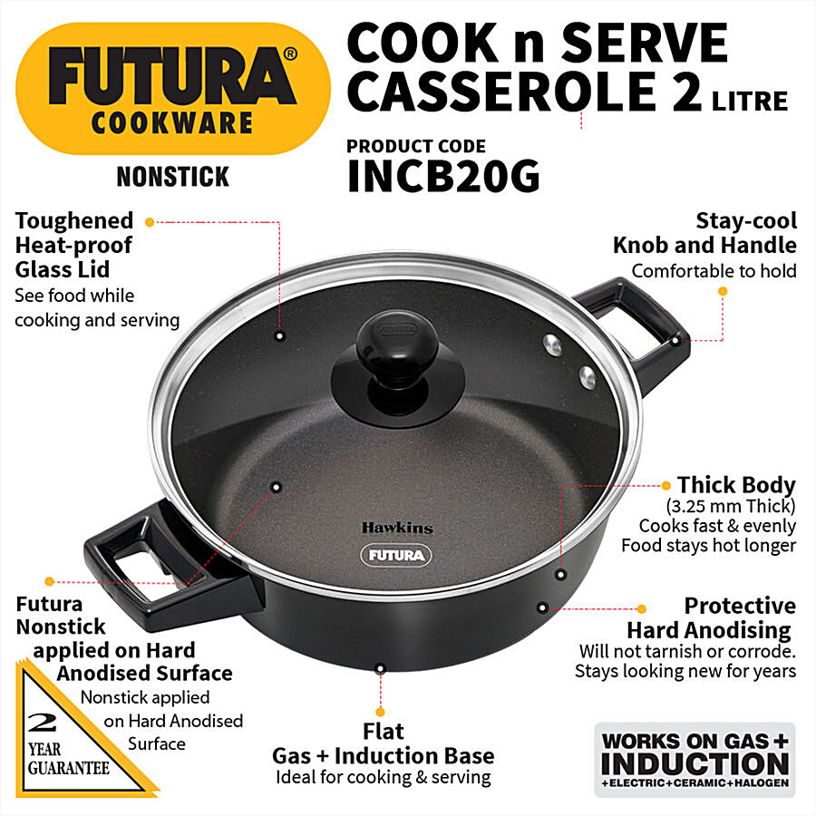 Hawkins Futura Non-stick Cook N Serve Casserole - With Glass Lid