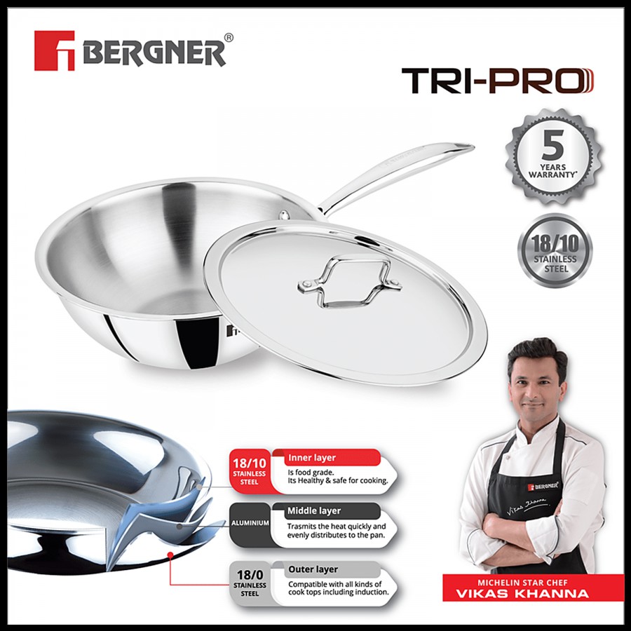 Bergner Tri-Pro Triply Stainless Steel Kadai - 3 Layer