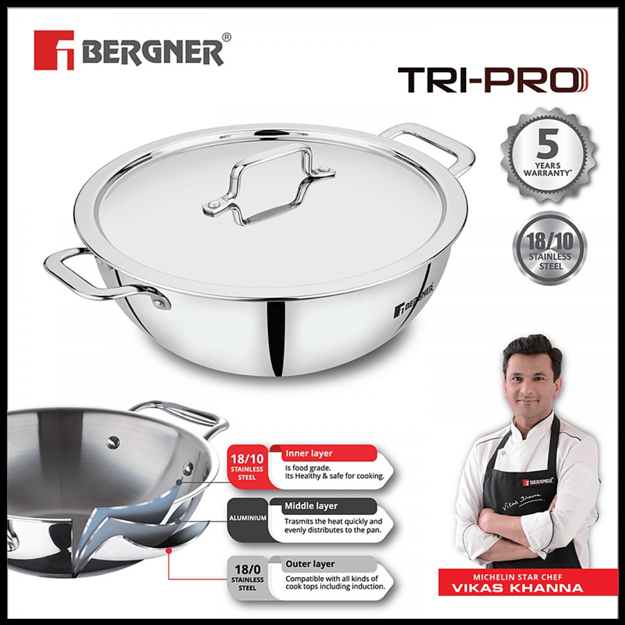 Bergner Tri-Pro Triply Stainless Steel Kadai - 3 Layer